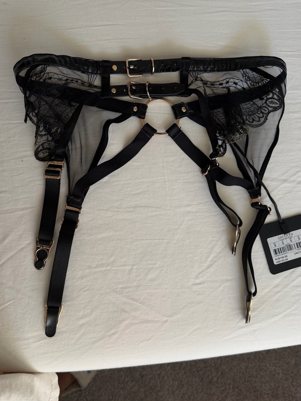 Honey Birdette Jacinta Black Lace Garter Belt with Gold Rings